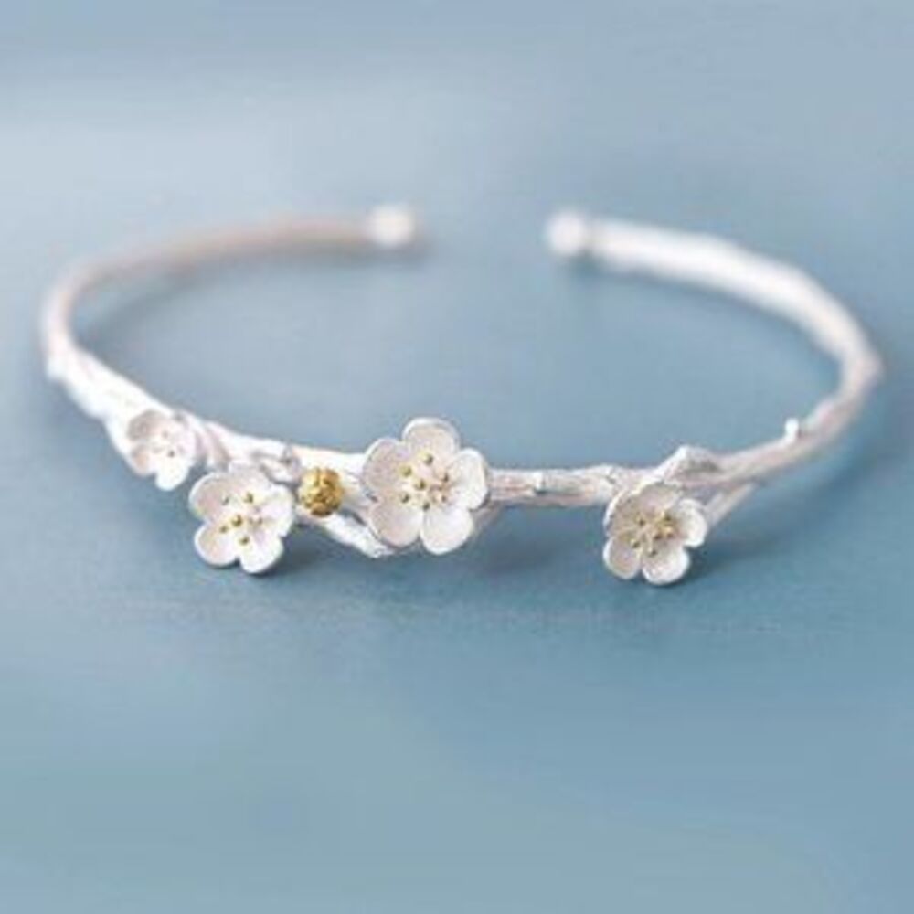 NEW 925 Sterling Silver Flower Cuff Bangle